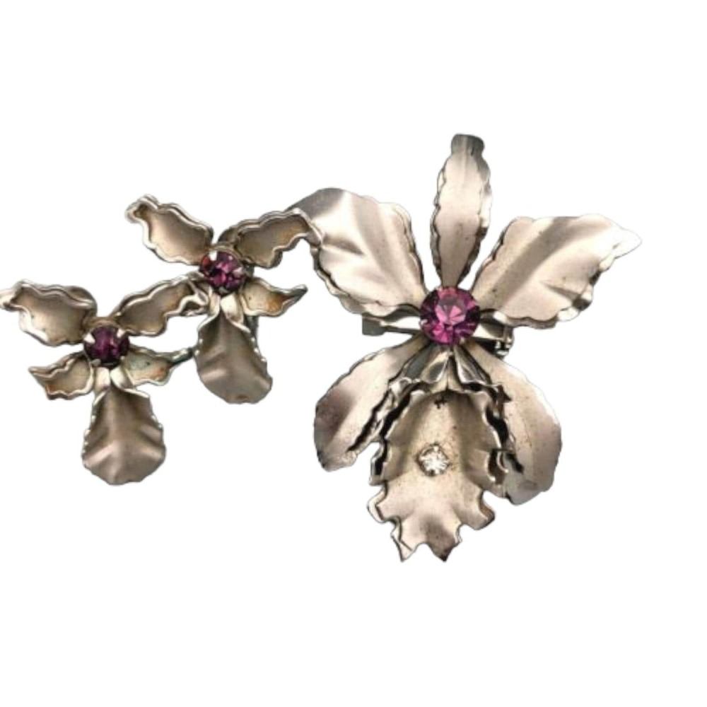 Vintage Orchid Pin Earrings Set Silvertone Purple Stones Clip Ons